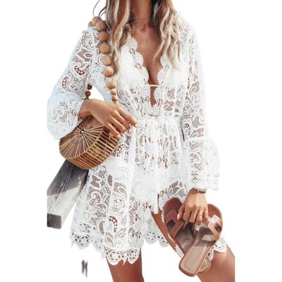Coolmee Women's Swimsuit Coverups Lace Beach Cover Up Bathing Suit Swim Dress