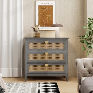 grey rattan dresser 3 Drawer Rattan Dresser Cabinet, Modern Storage Chest with Natural Cane  Drawers for Bedroom, Living Room, Entryway & Study, Gray