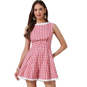 INSPIRE CHIC Women's Sleeveless Checks Gingham Lace Trim Smocked Waist Short Jumpsuits - 1 of 4