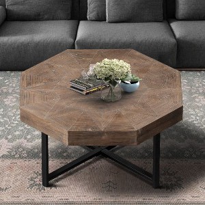 Sapphtopaz Octagonal Retro Splicing Farmhouse Coffee Table for Living Room, Modern Coffee Table with Cross Metal Legs, Wood Living Room Table - 1 of 4
