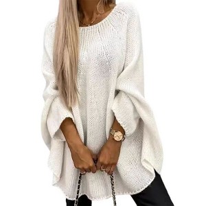 Coolmee Women's Elegant Knitted Cape Sweater Crew Neck Long Sleeve Baggy Tops Fashion Knitted Shawl Sweater - 1 of 4