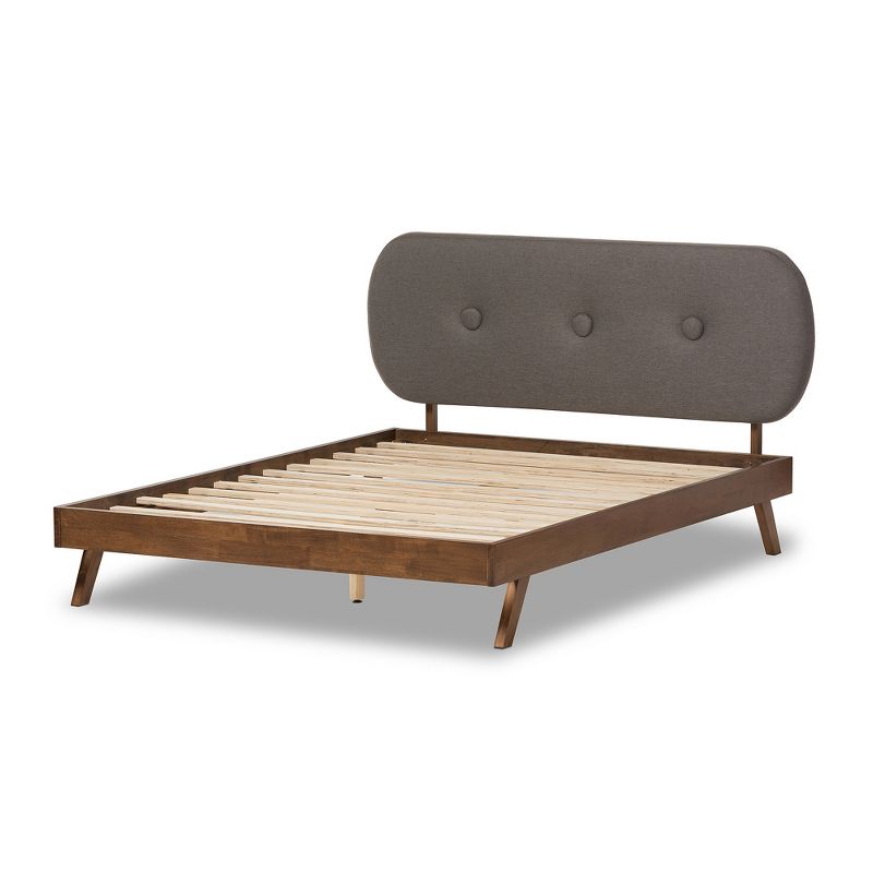 Penelope Mid-Century Modern Solid Wood and Fabric Upholstered Platform Bed Gray/Walnut Brown - Baxton Studio, 4 of 8