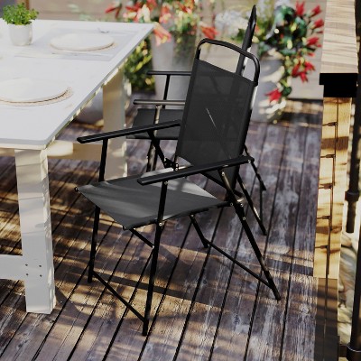 Set of 2 Black Folding Patio Sling Chairs with Armrests