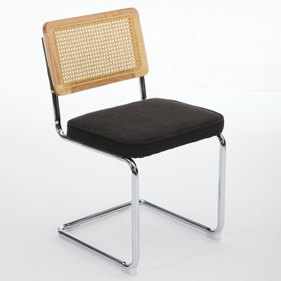 Vynxaria Set of 2 Mid Century Modern Dining Chairs, Black Velvet with Natural Cane Back, Stainless Chrome Base