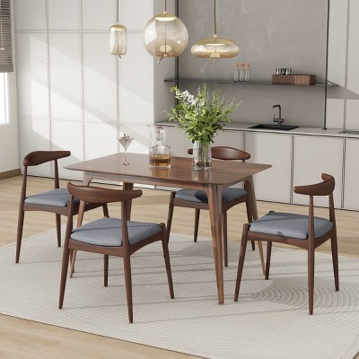 5-Piece Mid-Century Dining Table Set with Rectangular Table and 4 Upholstered Chairs, Rubberwood Frame for Kitchen or Dining Room-Tanpinhause