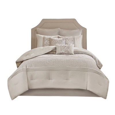 GlasFlength Bedding Sets Embroidered 8 Piece Comforter Set Neutral Queen Calm Elegant Timeless For Minimalist Master Suites, Beige, 22.05"*18.9"*12.6"
