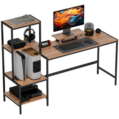 HOMCOM Computer Desk with Monitor Stand, 4-Tier Reversible Home Office Desk with Printer Shelf or CPU Stand, Industrial Writing Desk, Brown