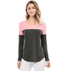Allegra K Women's Casual Color Block Stretch Long Sleeves Split V-Neck T-Shirt - 1 of 4