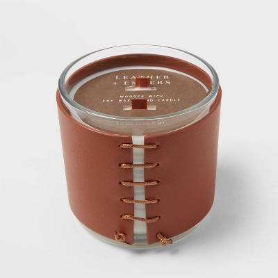 14oz Clear Glass with Stitched Leatherette Wrap Band Leather + Embers Woodwick Candle Clear - Threshold™