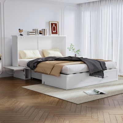 Mjkone Queen Size Murphy Bed With Large Storage Drawer, Cabinet Bed With Folding Mattress, Murphy Cube Chest Bed With Usb Charging Station