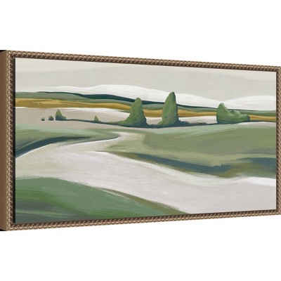 Peaceful Green Landscape Lithograph on Canvas with Brown Frame