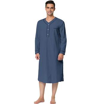 Lars Amadeus Men's Cotton Long Sleeves Chest Pocket Henley One Piece Nightgown