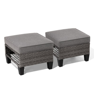 2 Pieces Outdoor Patio Wicker Ottoman Indoor Rattan Footrest Seat with Removable Comfortable Cushions