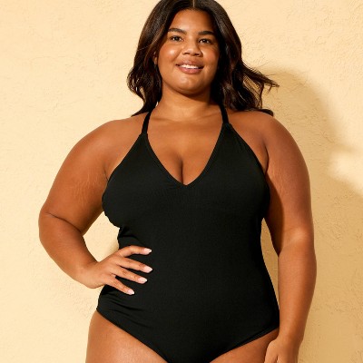 Женские купальники Shade & Shore Women's Ribbed Plunge Neck Cheeky Coverage One Piece Swimsuit - Shade & Shore™ Black M — фото 3