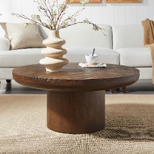 Lyngins Farmhouse 35.98" Round Coffee Table with Cylindrical Leg – Oak Veneer & MDF Construction, Sofa Side Table, Ideal Living Room Table - 1 of 4