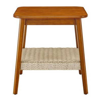 Lirago Walnut End Table with Woven Shelf  Solid Wood Bedside Table  23"H x 23"D x 23"W