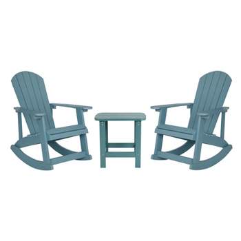 Flash Furniture Set of 2 Savannah All-Weather Poly Resin Wood Adirondack Rocking Chairs with Side Table