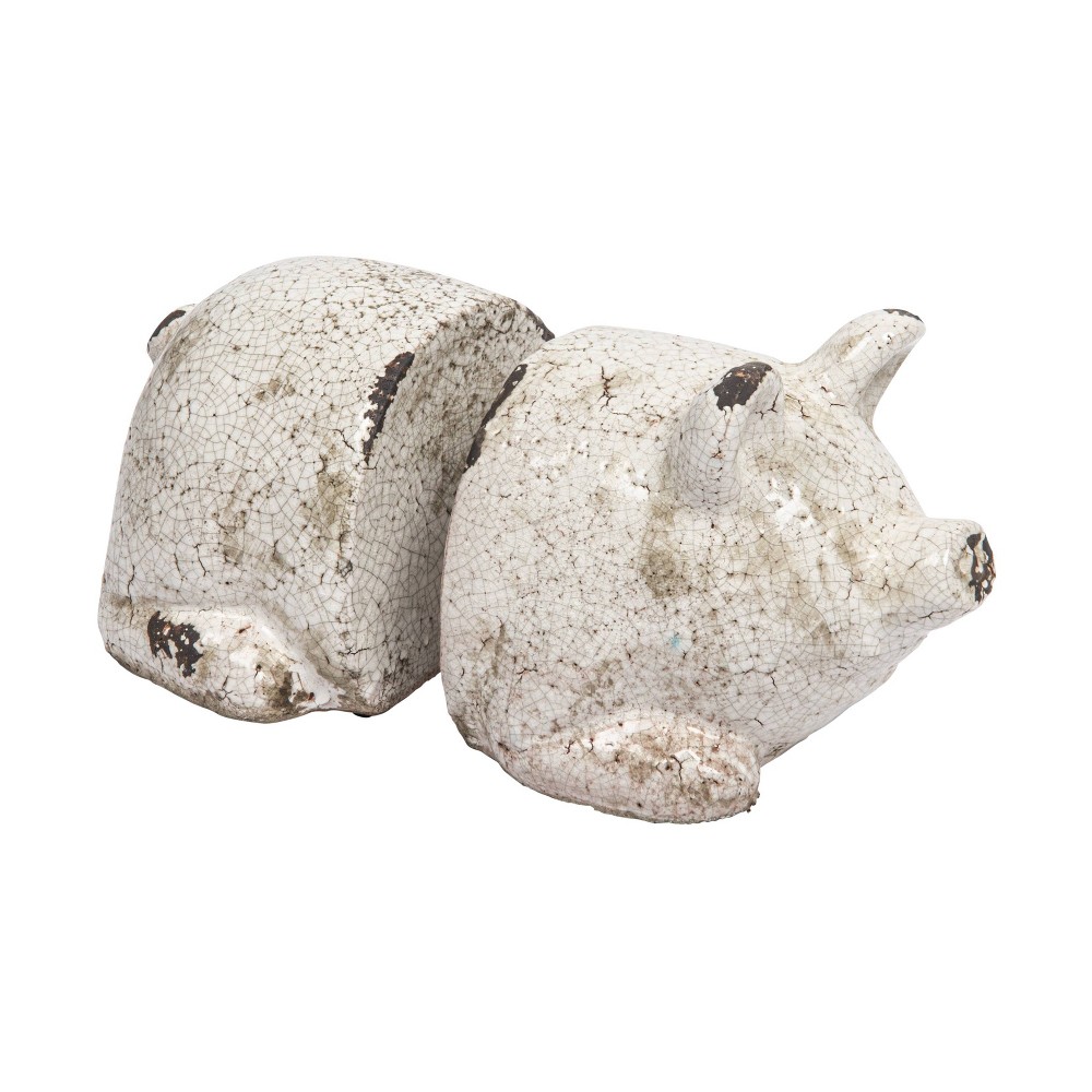Storied Home TerraCotta Pig Bookends Antique White (5-1/4"): Farmhouse Style, Shelf Decor for All Ages