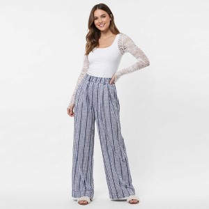 Cherie Code Women’s Wide Leg Checkered Pants - Casual Cotton Blend Trousers with Elastic Waist and Pockets - 1 of 4
