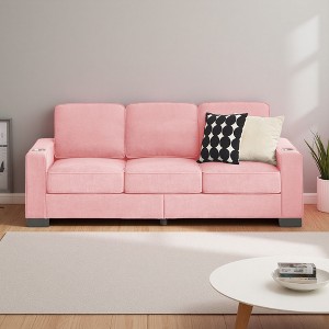 83.86" Snowfleece Fabric 3-Seater Sofa with Cup Holders, Compressed Modern Couch - 1 of 4