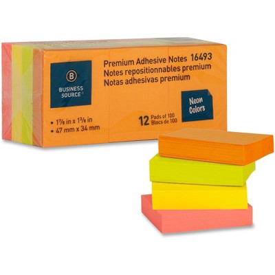 Business Source Adhesive Notes Plain 1-1/2"x2" 100 Sh/PD 12PD/PK Neon 16493