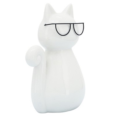 Sagebrook Home Cat with Glasses Sculpture - Contemporary Porcelain White and Black Cat Statue for Home or Office Decor
