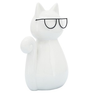Sagebrook Home Cat with Glasses Sculpture - Contemporary Porcelain White and Black Cat Statue for Home or Office Decor - 1 of 4