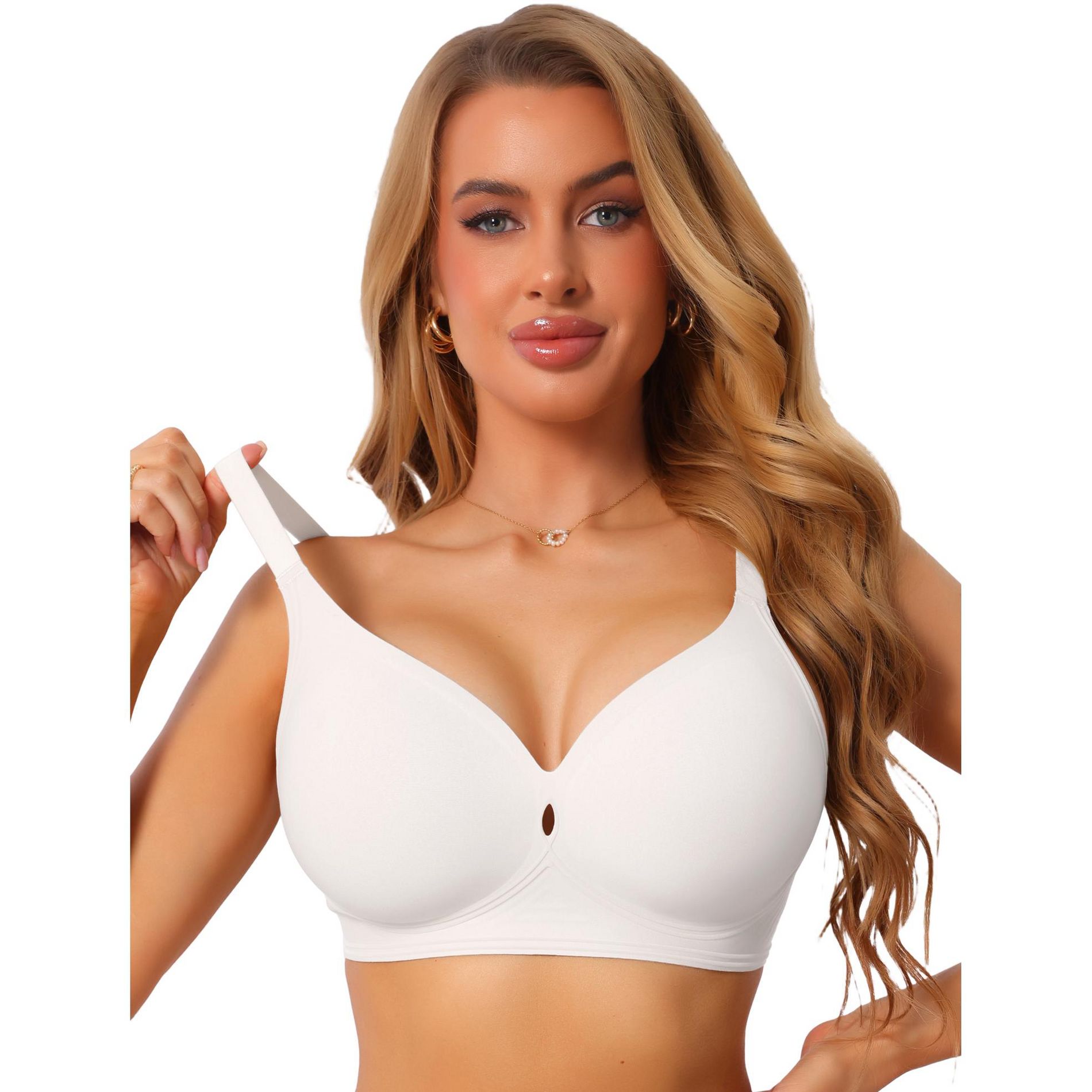 INSPIRE CHIC Women's Deep V Wide Straps Push Up Soft Support Seamless Wireless Breathable Lingerie Bra Medium White