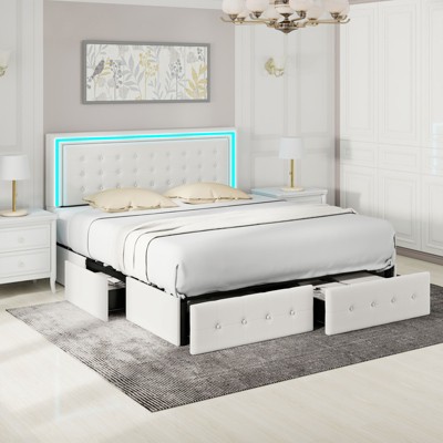 CAVINAS Full/King Size Modern Platform Bed Frame with LED Lights Headboard & 4 Storage Drawers,No Box Spring Needed