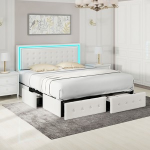 CAVINAS Full/King Size Modern Platform Bed Frame with LED Lights Headboard & 4 Storage Drawers,No Box Spring Needed - 1 of 4