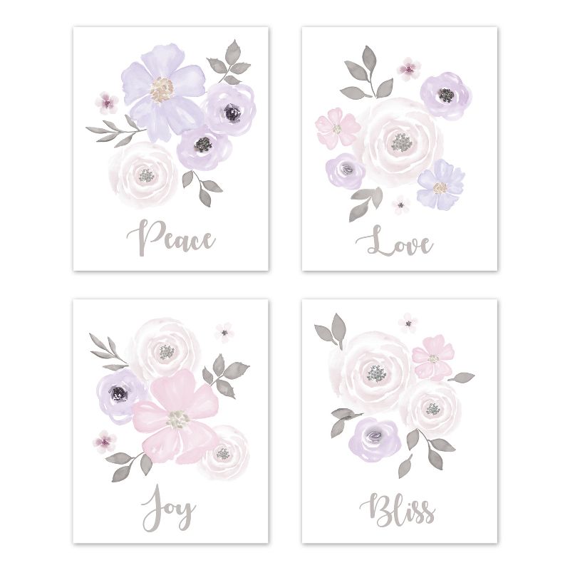 Sweet Jojo Designs Girl Unframed Wall Art Prints for Décor Watercolor Floral Purple Pink and Grey 4pc, 1 of 6