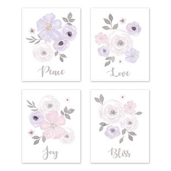 Sweet Jojo Designs Girl Unframed Wall Art Prints for Décor Watercolor Floral Purple Pink and Grey 4pc
