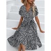 Women Side Slit Midi Sundress Floral V Neck Faux Wrap Summer Casual Dress Smoked Belted Dress Beach Dress Vacation Resorts Outfits - 3 of 4