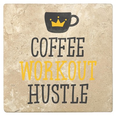 Christmas by Krebs Set of 4 Ivory and Black "COFFEE WORKOUT HUSTLE" Square Coasters 4"