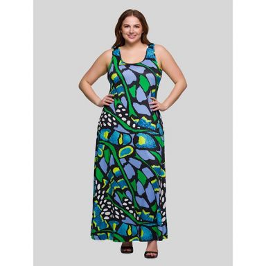 24seven Comfort Apparel Plus Size Blue Butterfly Print Scoop Neck A Line  Sleeveless Maxi Dress : Target