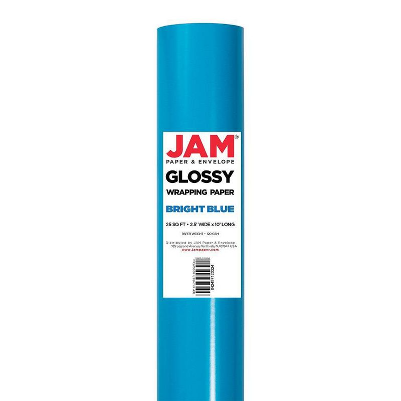 JAM PAPER Bright Blue Glossy Gift Wrapping Paper Roll - 2 packs of 25 Sq. Ft., 3 of 6