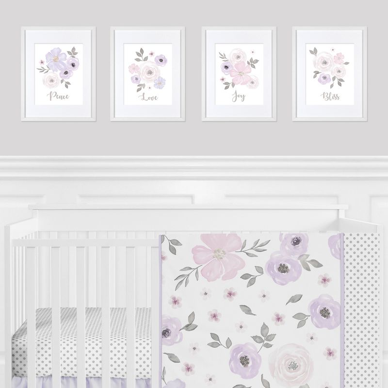 Sweet Jojo Designs Girl Unframed Wall Art Prints for Décor Watercolor Floral Purple Pink and Grey 4pc, 3 of 6