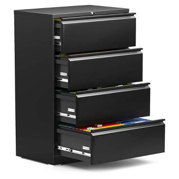 AOBABO 4 Drawer Lateral Steel File Organizing Cabinet with Locking System and Adjustable Hanging Bars for Letter/Legal Size Paper, Black