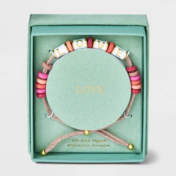 14k Gold Dipped "Love" Enamel Beaded Adjustable Bracelet - A New Day™ Pink/White