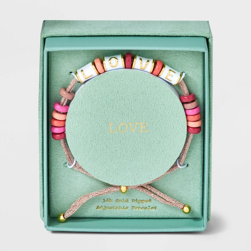 14k Gold Dipped &#34;Love&#34; Enamel Beaded Adjustable Bracelet - A New Day&#8482; Pink/White, 1 of 6