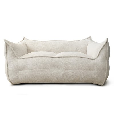 Beige Teddy Fabric Upholstered Bean Bag Loveseat Sofa
