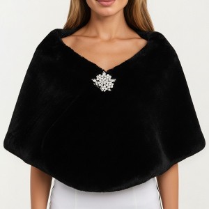 Anna-Kaci Women's Faux Fur Shawl Wrap with Soft Plush Texture, Elegant Draped Silhouette 19in - One Size Fits Most, Black - 1 of 4