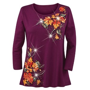 Collections Etc Falling Autumn Leaves Sequin Detailed 3/4 Length Sleeve Top - 1 of 4