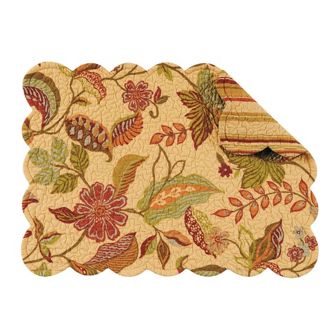 Set of 2 C&F MAGNOLIA GARDEN Floral Quilted Cotton Rectangular Placemats 