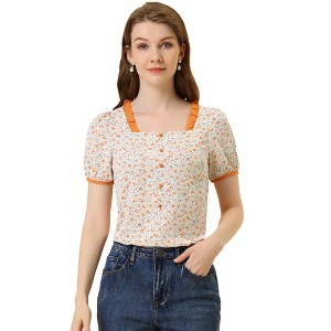 Allegra K Women's Floral Peasant Square Neck Contrast Frill Trim Chiffon Blouse - 1 of 4