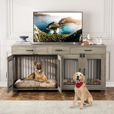 Garvee 71'' Dog Crate Furniture for 2 Dogs, Wooden Double Dog Crate with 3 Drawers and Removable Room Divider for Large Medium Dogs