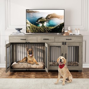 Garvee 71'' Dog Crate Furniture for 2 Dogs, Wooden Double Dog Crate with 3 Drawers and Removable Room Divider for Large Medium Dogs - 1 of 4