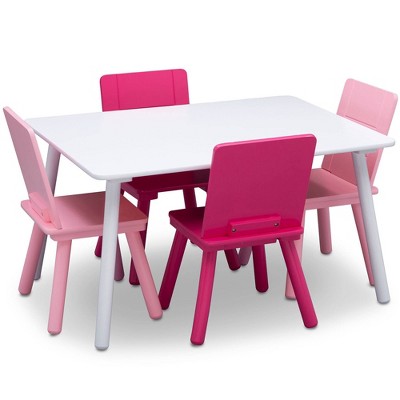 Pink and White Wooden Kids Table and Chair Set, 5-Piece