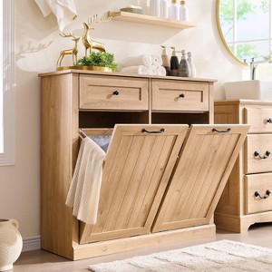 SinCiDo Double Tilt Laundry Basket Cabinet,Hidden Trash Can Cabinet Laundry Storage Basket,20 Gallon Farmhouse Trash Can Cabinet w/2 Drawers - 1 of 4