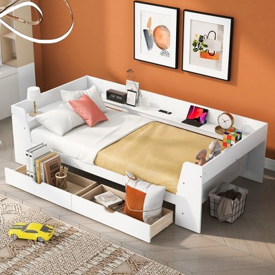 NicBex Twin Size Daybed with Shelves,2 Drawers and Built-In Charging Station for Bedroom,Living Room,Apartment,White